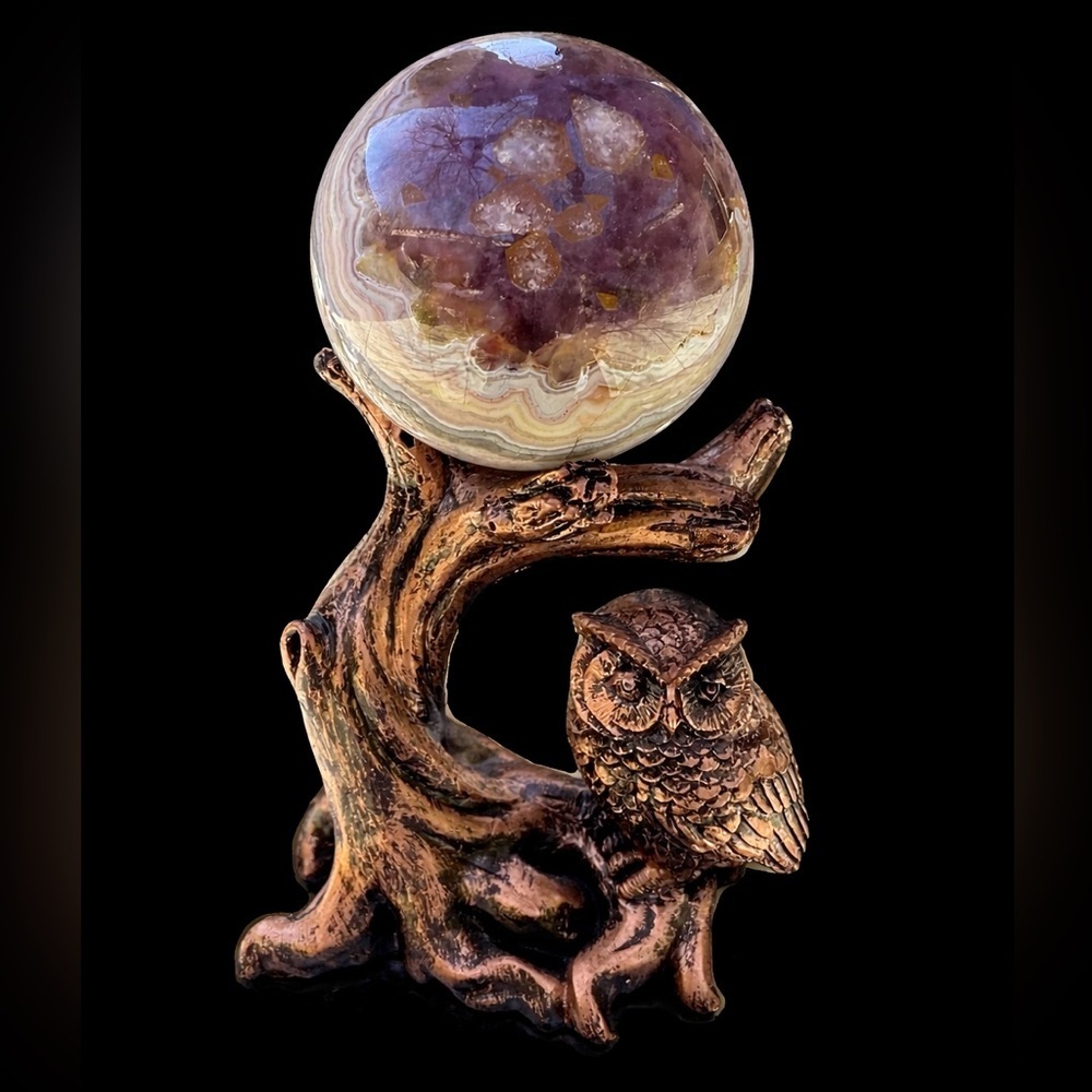 Crazy Lace Amethyst Agate Sphere on Owl Stand